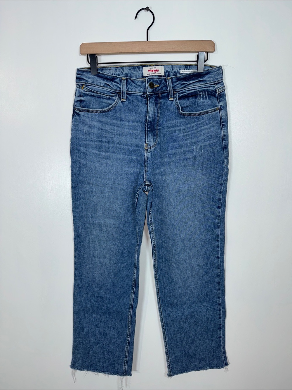 WJ409 {Wrangler} "High Rise True Straight Crop" Blue Raw Hem Denim Jeans